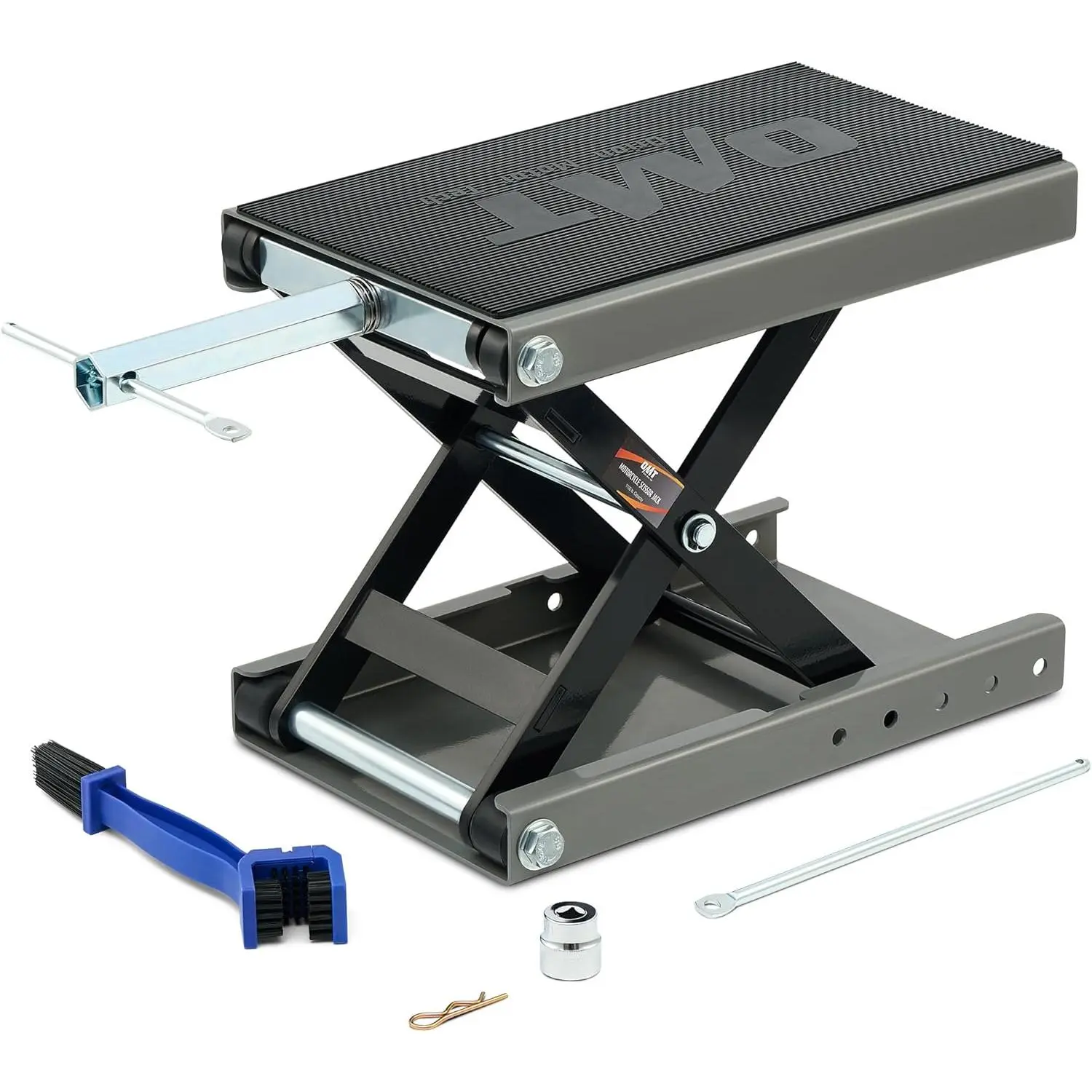 Orion Motor Tech 1100lb Grey Motorcycle Scissor Jack Lift, Wide Deck Ergonomic T-Handle with 3/8" Socket & Square-Hole Sleeve, Center Stand with Chain Brush, Easy-Operation Crank Hoist Stand for ATV Dirt Bike