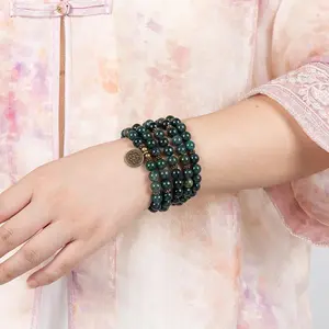 8Mm Green Moss Agate 108 Mala Bead Wrap Bracelet & Necklace,Lotus Buddha Charm Healing Gemstone,Yoga Meditation Money Attraction Jewelry For Holiday & Daily Outfit Matching