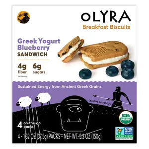 Olyra Organic Breakfast Biscuits, Greek Yogurt Blueberry Sandwich, 4 Packs, 1.32 oz (37.5 g) Each