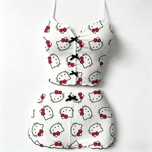 Sanrio Hello Kitty Tank Top and Shorts Loungewear Set Soft Comfy Sleeveless Pajama Kawaii Home Outfit for Girls & Women