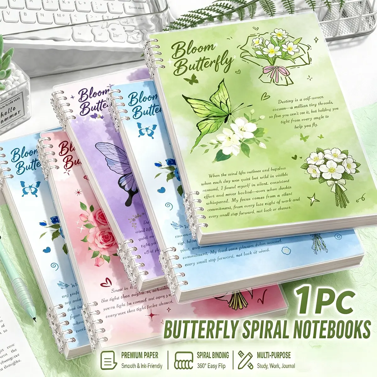1Pc A5/B5 Butterfly Loose Leaf Spiral Coil Notebook, Refillable Floral Binder Journal with Transparent Cover, Thick No Bleed Paper, 360° Foldable Pages & Quiet Press Rings for Study Notes, Office Planning, Daily Journaling, Studying Essentials