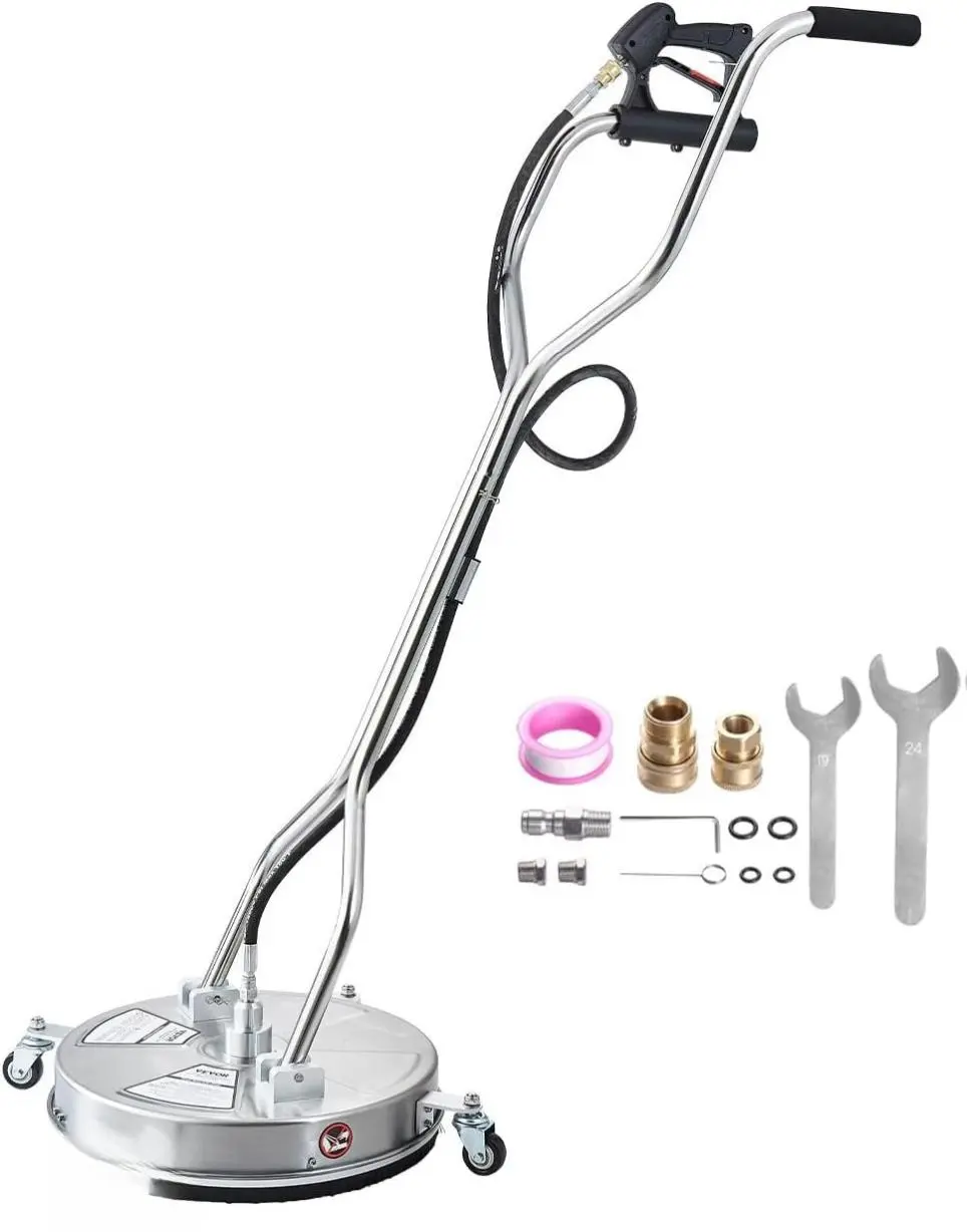 18" Pressure Washer Surface Cleaner, Stainless Steel Pressure Washer Attachments with 4 Wheels, 4000 Max PSI, 3/8 Quick Connector, 2 Spray Nozzles, Dual Handle, for Concrete, Patio, Sidewalk