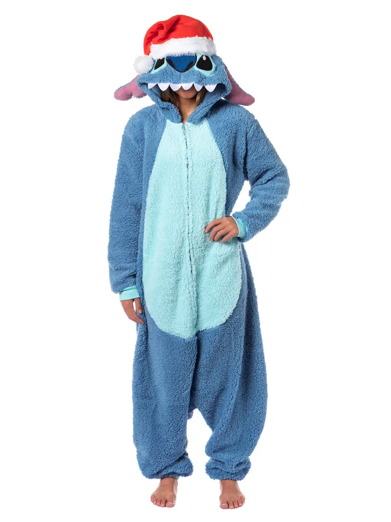 Disney Lilo & Stitch Kigurumi Unisex Christmas Santa Hat Men's Sherpa Costume One Piece Pajama Hooded Union Suit
