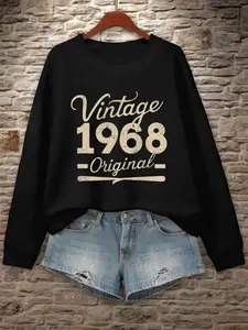 Women's Retro 1968 Sportswear - Black Retro Round Neck Long Sleeve Hoodie, Casual, Geometric Pattern, Machine Washable