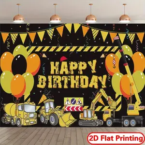 1pc 2D Construction Vehicle Themed Birthday Banner, Black-Yellow Warning Style Excavator & Mixer Truck Printed Backdrop, Cool Worksite Party Vibe, Ideal for Machinery Enthusiasts Birthday Parties, Engineering-Themed Gatherings & Indoor