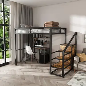 ARCH Full-Size Loft Bed w/Desk & Wardrobe - Heavy Metal Frame, Built-In Staircase, Storage Rack & Shelves - Gaming Bed for Adults/Teens (Black) - Computer Desk w/USB & Outlet (Black)