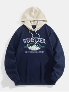 Men's Colorblock Patchwork Letter & Landscape Print Raglan Sleeve Color Contrast Hoodie, Casual Fashion Loose Drawstring Long Sleeve Hooded Sweatshirt for Fall & Winter, Men's Clothes for Daily Wear, Menswear