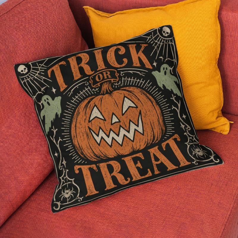Vintage Spooky Halloween Pillow Cover - Double-Sided Velvet Zipper Throw Pillow Case, Trick-or-Treat Pumpkin Jack O' Lantern Ghost Spider Design, Washable Bedrooms Home Interiors Decor