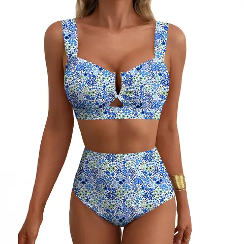 Aleumdr Women's 2-Piece High-Waisted U-Wire Push-Up Plunge Tummy Control Floral Print Bikini Set - Stretch, Quick-Drying Synthetic Swimwear for Beach Parties, Curvy Figures, Push Up Plunge Bikini Sets, Quick-Drying Bikini Sets