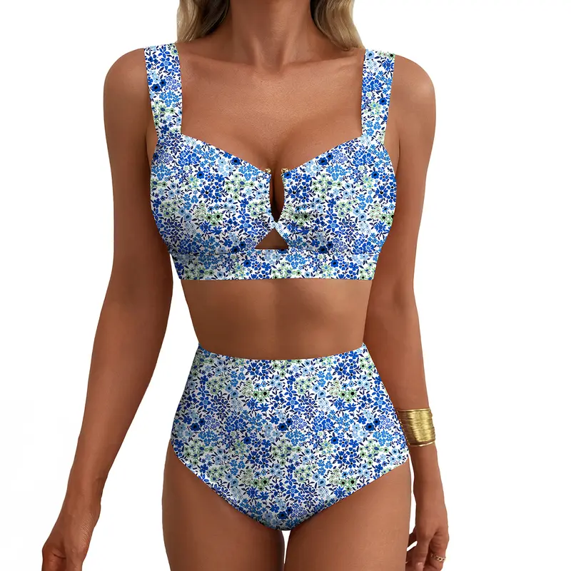 Aleumdr Women's 2-Piece High-Waisted U-Wire Push-Up Plunge Tummy Control Floral Print Bikini Set - Stretch, Quick-Drying Synthetic Swimwear for Beach Parties, Curvy Figures, Push Up Plunge Bikini Sets, Quick-Drying Bikini Sets