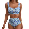 Aleumdr Women's 2-Piece High-Waisted U-Wire Push-Up Plunge Tummy Control Floral Print Bikini Set - Stretch, Quick-Drying Synthetic Swimwear for Beach Parties, Curvy Figures, Push Up Plunge Bikini Sets, Quick-Drying Bikini Sets