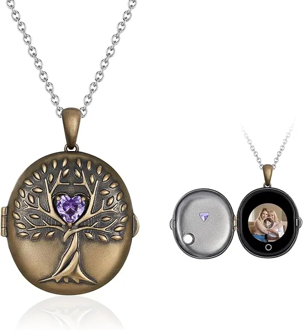 TOTWOO AI Smart Locket Necklace - Unisex Metal Custom Made Tree of Life Pendant, AI Moving Memory Animated Locket, App-Enabled Photo & Video Storage, Auspicious Keepsake Gift for Adults' Engagement, Birthday
