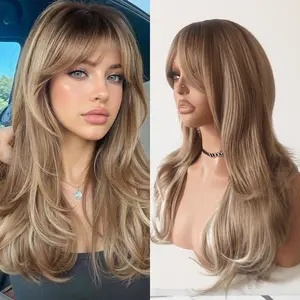 Honey Blonde Balayage Long Wavy Hair Wigs with Curtain Bangs Heat Resistant Soft Fiber Glueless Replacement Wigs Body Wave Natural Layered Hair Wig for Fashion Women Ladies Daily Party Wear Begineer Friendly