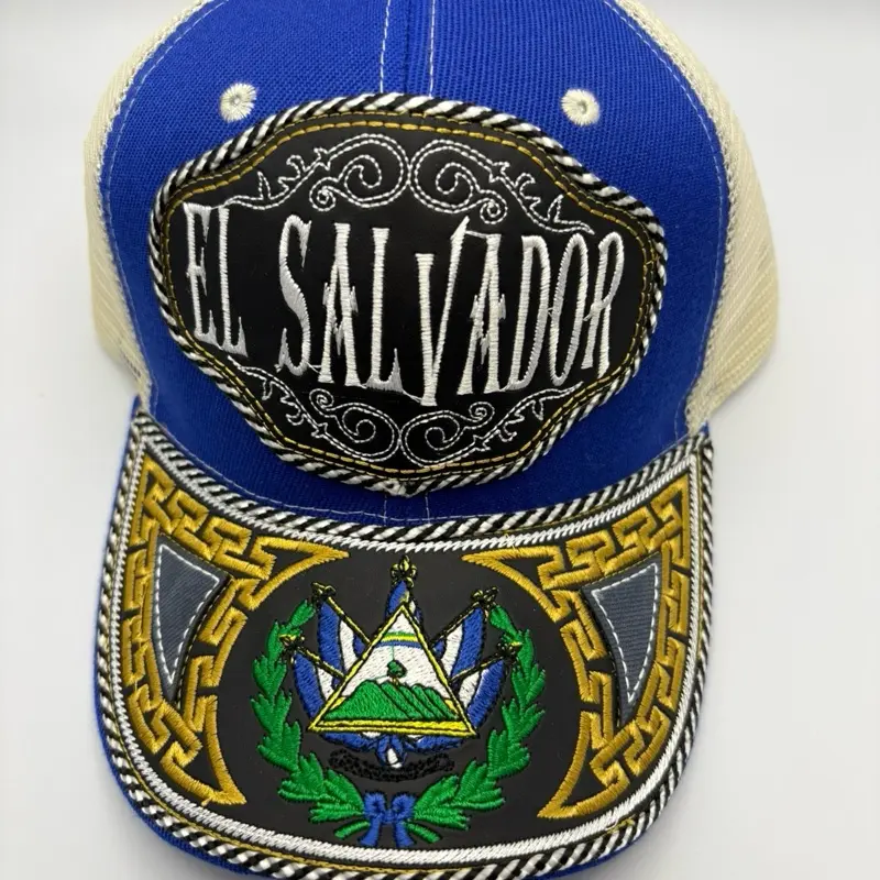 El Salvador Gorra Cachucha Blue and Yellow Embroidered Hat with National Emblem Design