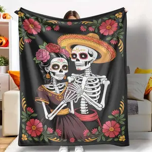 Day of the Dead Flannel Blanket, Sugar Skull Couple Print, UltraSoft, Warm and Cozy, Lightweight, Perfect for Living Room, Bedroom, Sofa, Travel, Halloween, Family Gathering.Thin Blanket Dream Workshop