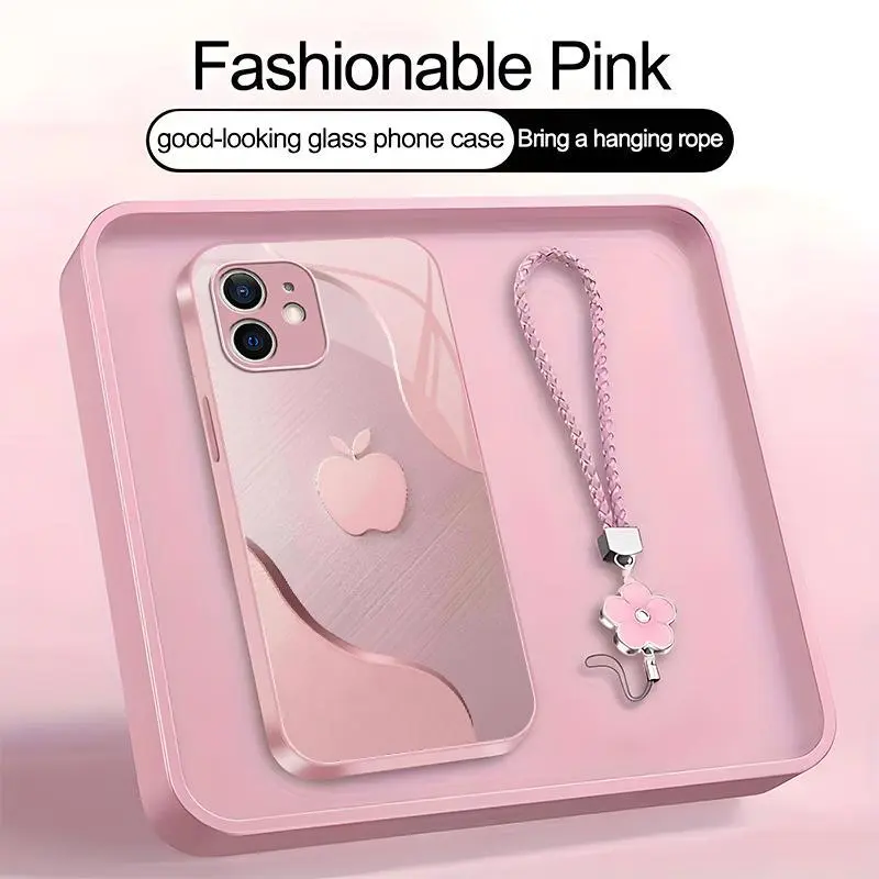 Luxury Faux Brushed Metal Texture Smartphone Casing with Flower Lanyard, Glossy Glass Feel 2D Printed Cellphone Case, Mobile Phone Accessories for iPhone 12 952