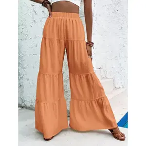 Ruffle Hem Wide Leg Pants - Orange High Waist Loose Fit Casual Bottoms for Women Spring Fall Machine Washable