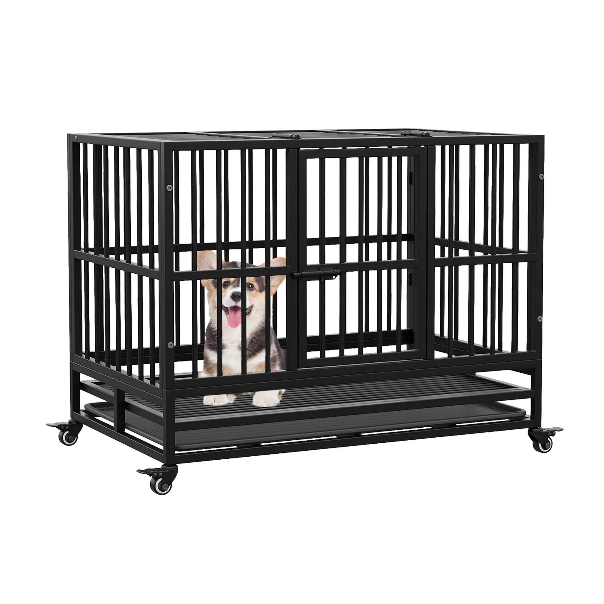 GARVEE 37-in Foldable Metal Frame Dog Crate with Wheels, Double Doors and Removable Tray, Indoor Furniture for Medium-Large Breed Dogs