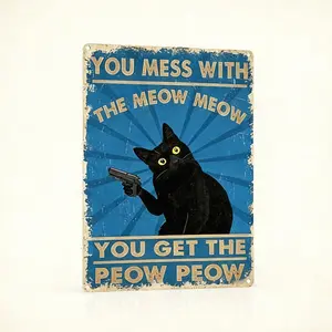 Vintage Cat Wall Art Metal Tin Sign 8x12 Inch You Mess With The Meow Meow You Get The Peow Peow Cat Decor Gifts For Cat Lovers