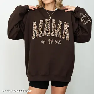 Personalized This Mama Wears Her Heart On Her Sleeve Sweater, Custom Mom With Kids Names Shirt, Motherhood Gift, Mother's Day Gifts