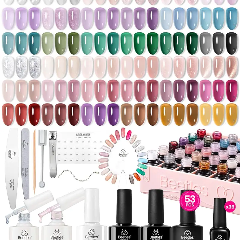 Beetles Translucent Jelly Gel Nail Polish Set - UV-Cured Nail Care Kit with Assorted Colored, Artificial Gel Polishes, Bling Effect, Base, Top Coats, Long-Lasting for Women's Manicure Gifts