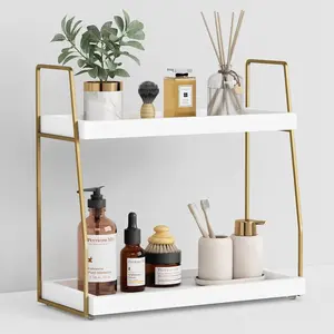 Bathroom Organizer Countertop, Counter Organizer for Bathroom Decor, Wooden Sink Shelf for  Storage, Makeup Tray for Perfume Skincare Bedroom Kitchen Corner (2 Tier, White and )