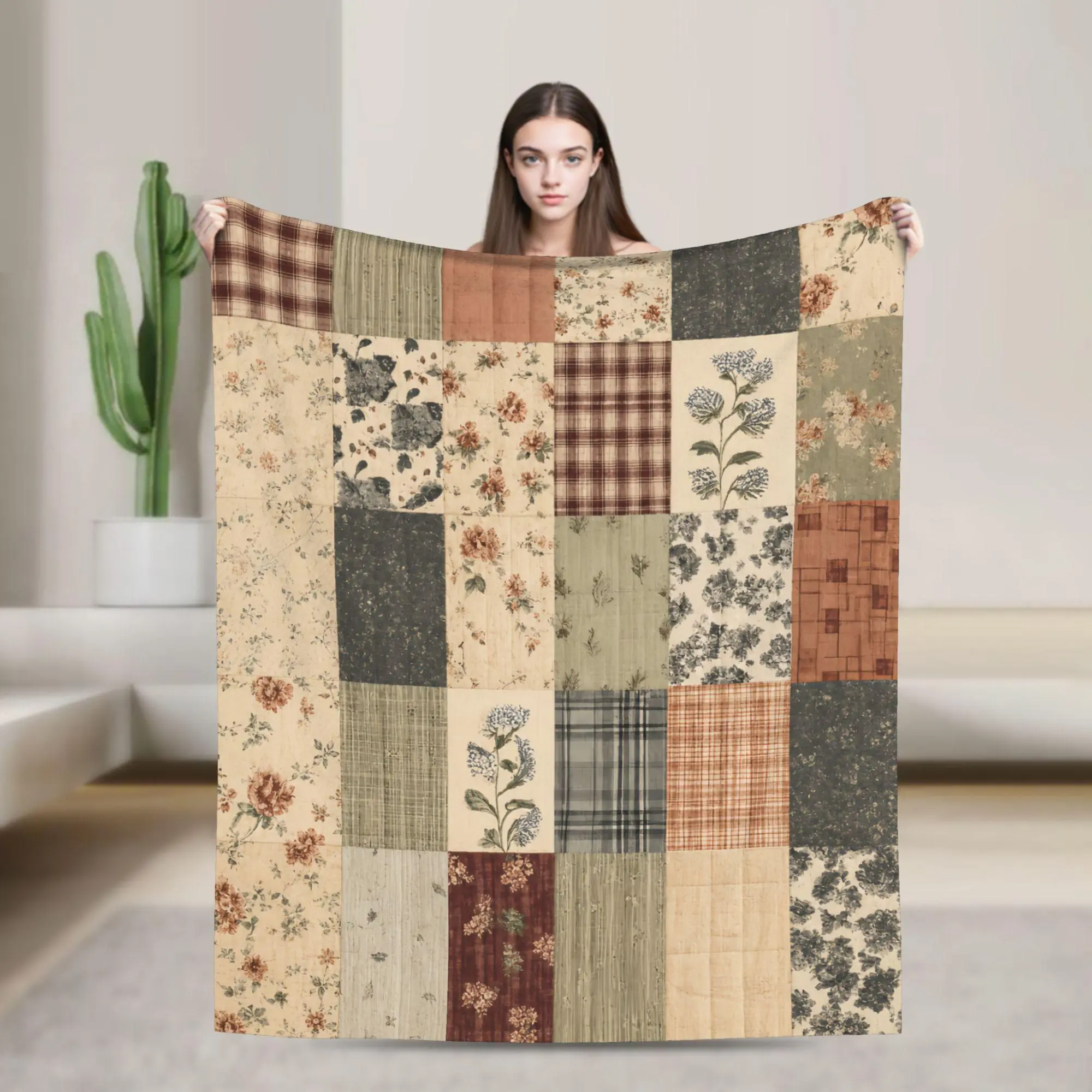 Vintage Floral Buffalo Plaid Patchwork Farmhouse Flannel Blanket, Neutral Muted Country Cottage Quilt Throw Blanket, Soft Plush Warm Blanket for Couch Bedroom, Cozy Comfy Nap Blanket, Perfect Giftable Decorative Blanket for All Seasons