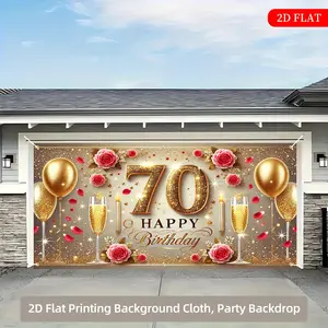 2D Flat, 1pc Extra Large Birthday Party Backdrop Banner - Golden Champagne & Roses Design for 70th Birthday, Anniversary, Wedding - Jumbo 71x157 Inches (180x400cm) Glitter Golden Floral Decoration - Heavy-Duty Polyester Fabric Indoor/Outdoor Decoration