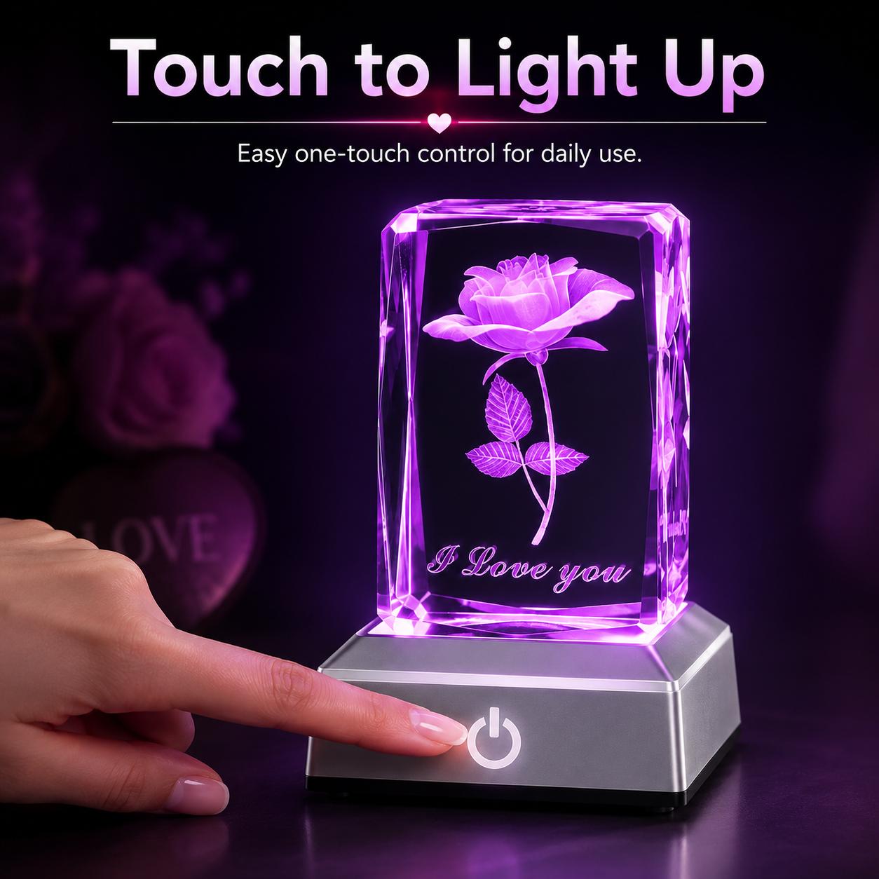 3D Laser Engraved Crystal Rose Custom Night Light with Touch LED Silver Base, Elegant Indoor Decorative Light, Bedroom Desk Decoration, Birthday/Valentine’s Day Gift for Home Improvement Lighting Accessories, Elegant Lighting, Led Ambient Lighting