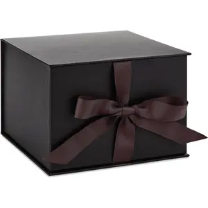 Medium Gift Box with Lid and Shredded Paper Fill (Black 7 inch Box) for Weddings, Graduations, Birthdays, Father's Day, Groomsmen Gifts, All Occasion