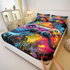 Vibrant Graffiti Game Controller Fitted Sheet Set, Bold Neon Splatter Paint Design with Iconic Gaming Buttons, Soft Breathable Bedding for Teen Boys' Gaming Rooms & Edgy Bedroom Decor, 1 Bed Sheet & 2 Pillowcases