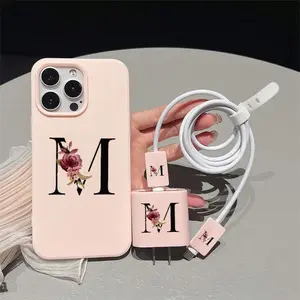 Initials Letter Pattern Floral Phone Case with Charger Saver & Cable Protector & Storage Rope, Anti-drop Durable Cellphone Protective Case, Total Protective Shockproof Mobile Phone Cover for iPhone, Casing