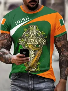 Men's Celtic Cross St Patrick's Day Irish Traditional T-Shirt, & Full Body Print, Three-Leaf Clover Design, All Seasons Wear