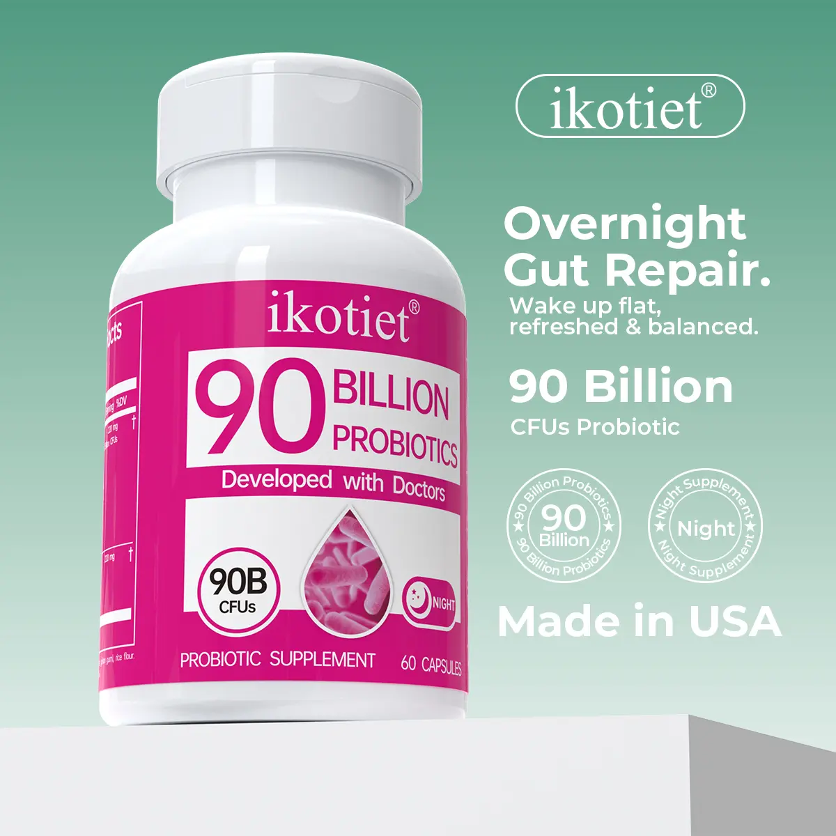IKOTIET Women's Dual-Action Probiotics - Day & Night Formula, Gut Health Vitamins with Digestive Enzymes & Dandelion, 60-Capsule Dietary Supplement