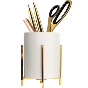 Gold pencil cup Sturdy metal frame with white ceramic pen holder For desks and kitchen appliance holders(1set 4.6-3.14in), Goldsquare frame set