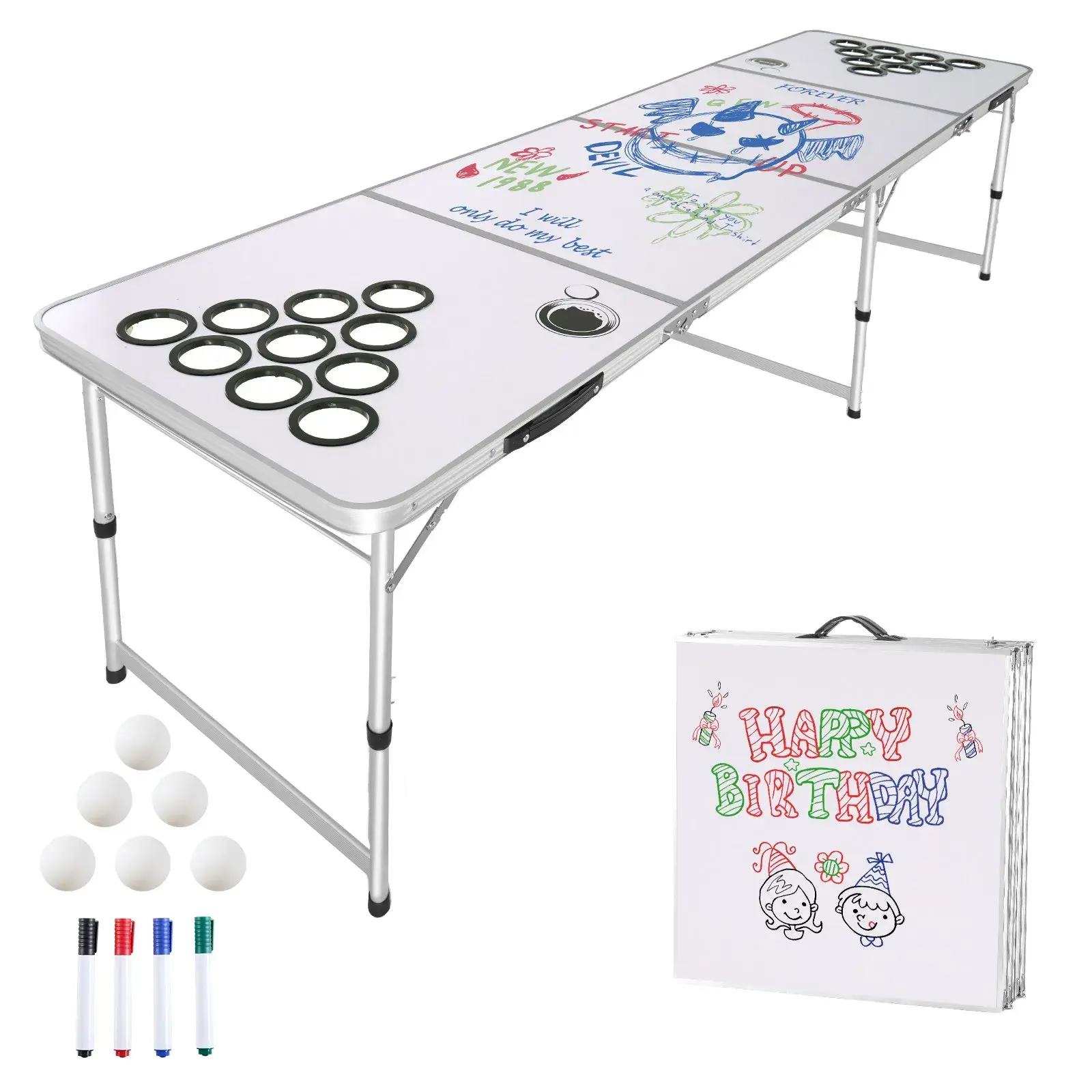 8ft Portable Folding Beer Pong Tailgate Table - Adjustable Height, Lightweight, Cup Holes, Dry Erase Markers, Carrying Handles - White Outdoor Picnic Table for Tailgate Parties, Camping
