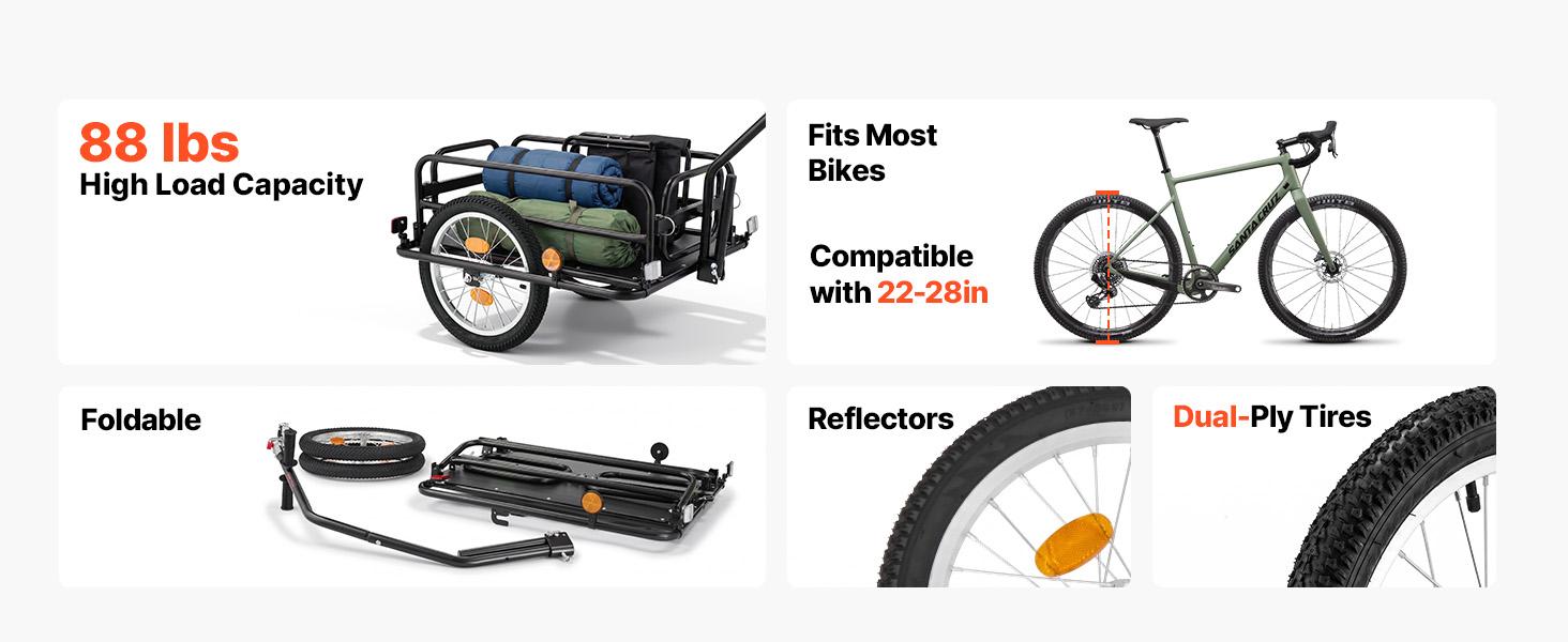 VEVOR Bike Cargo Trailer 88 lbs Load 2-in-1 Pushcart Folding Bicycle Wagon, Heavy-Duty Cart with 16-Inch Wheels, Reflectors, Carbon Steel Frame, Foldable Compact Storage, Fits 22-28 in Bike Wheels VEVOR Bike Cargo Trailer 88 lbs Load 2-in-1 Pushcart Folding Bicycle Wagon, Heavy-Duty Cart with 16-Inch Wheels, Reflectors, Carbon Steel Frame, Foldable Compact Storage, Fits 22-28 in Bike Wheels