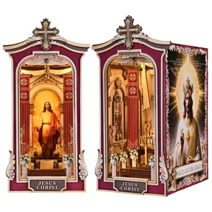 DIY Book Nook Kit,DIY Miniature House Dollhouse Kit For Adults and Teens, Bookshelf Insert Decoration,Miniature Magic House Book Nook Bookcase Model Building Gift Kit,With Dust Cover and LED Light (JESUS CHRIST)