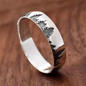 1pc 6Mm Wide Vintage Forest Carved Ring, Tree Engraved Ring, Unisex Ring