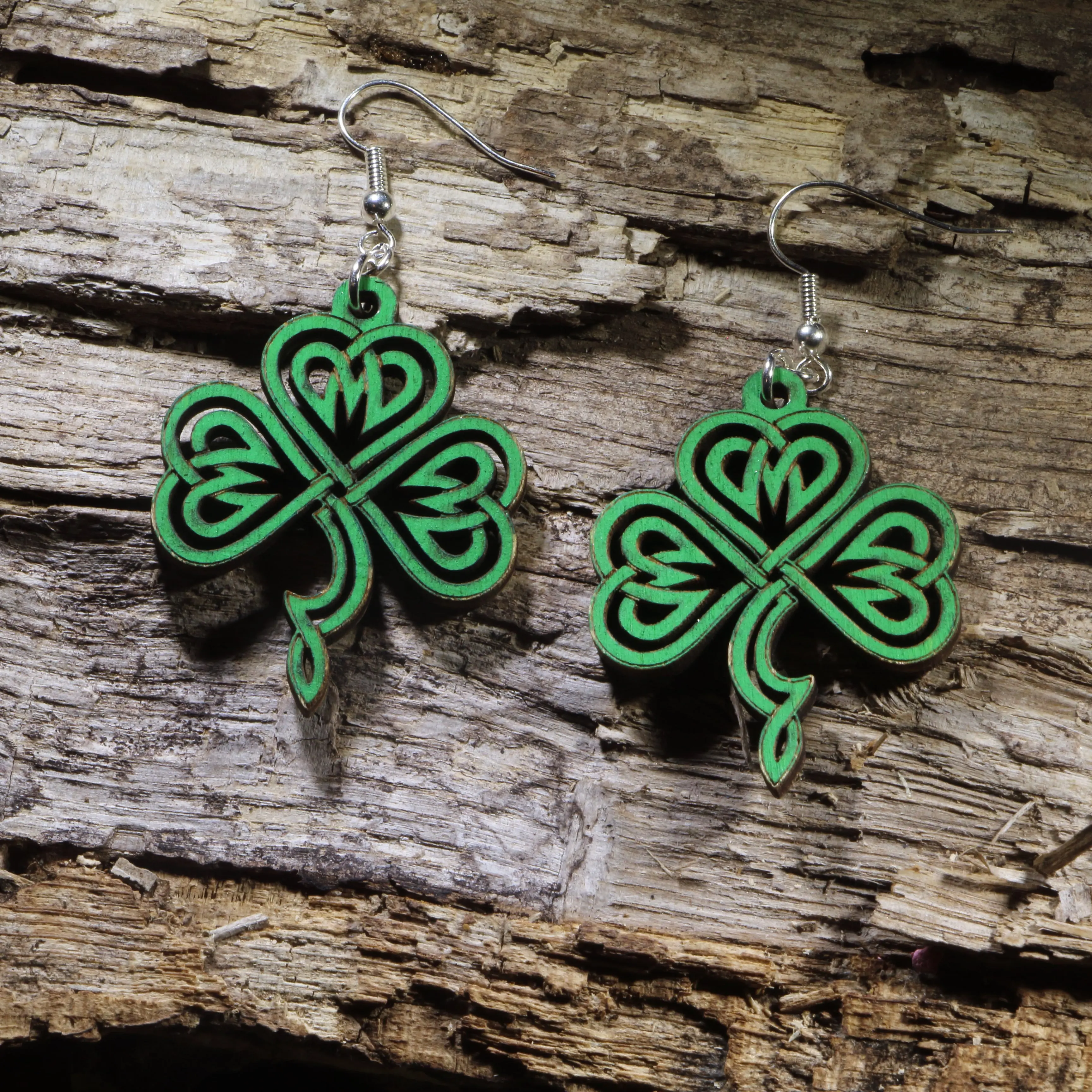 Celtic Shamrock Wooden Dangle Earrings | Irish Clover Jewelry