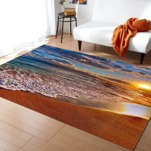 Visual Sunset Beach Ocean Flannel Area Rug - Realistic Seaside Landscape Print Soft Mat for Living Room, Non-Slip Home Decor#BeachRug #SunsetOceanMat #SeasideLandscapeDecor #RealisticCarpet #NonSlipFlannelRug