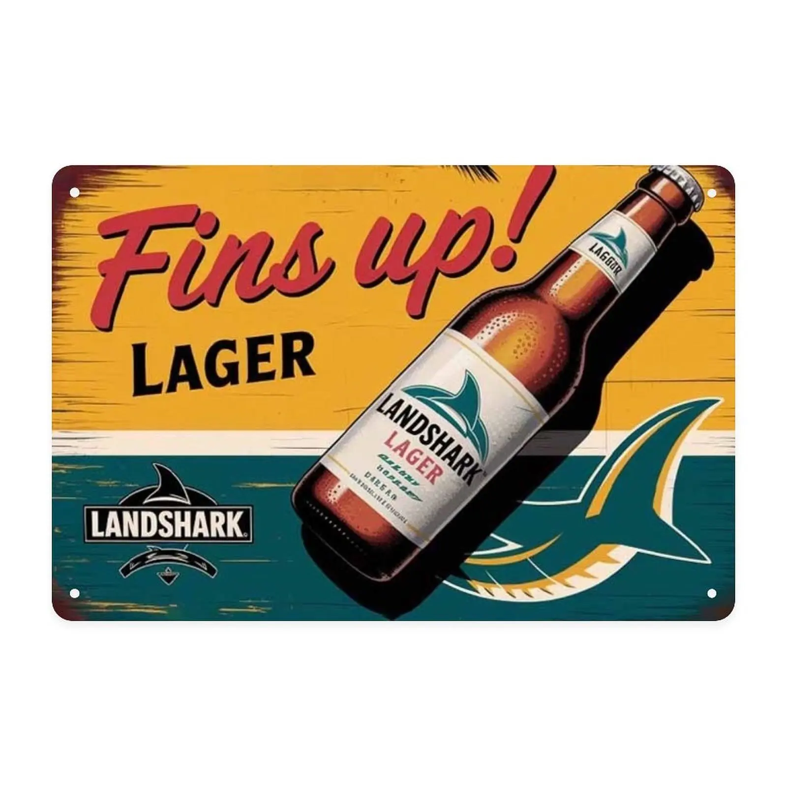 Landshark Lager Beer Bottle Fins Up! Tin Sign, Vintage Landshark Brewery Metal Sign Print Aesthetic Room Decoration for Home Bedroom Kitchen Bar Coffee Bathroom Indoor Outdoor Wall Decor, 8 X 12 IN
