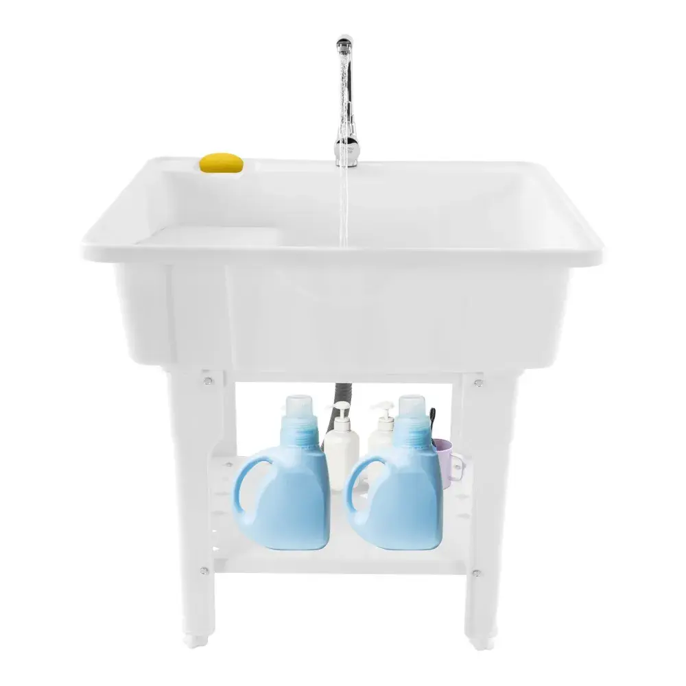 Freestanding Plastic Laundry Sink with Washboard,Utility Sink with Cold and Hot Water Faucet