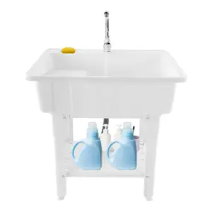 Freestanding Plastic Laundry Sink with Washboard,Utility Sink with Cold and Hot Water Faucet