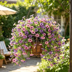 Artificial Moringa Glory Flower Hanging Decoration - Purple Vine Garland with Blooming Flowers and Green Leaves, Artificial Fake Flowers