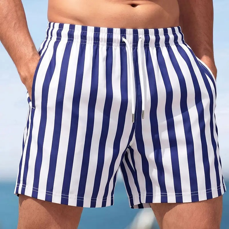 Men's Vertical Striped Swim Shorts - Quick Dry Summer Beach Trunks - Casual Board Shorts with Pockets and Drawstring - Classic Blue and White Striped Vacation Wear