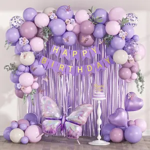 Butterfly Birthday Decorations Kit - Pastel Pink, Dusty Purple, Sand White Foil Balloons, Fringe Curtain, Happy Birthday Banner for Women's Butterfly & New Year Party Supplies