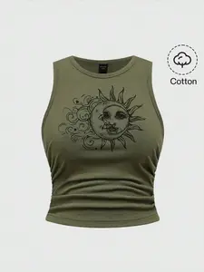Fairycore Spring/Summer Casual Graphic Plus Size Hippie Sun Cute Vacation Elastic Ruched Green Tank Top Suitable For Going Out,Back To School