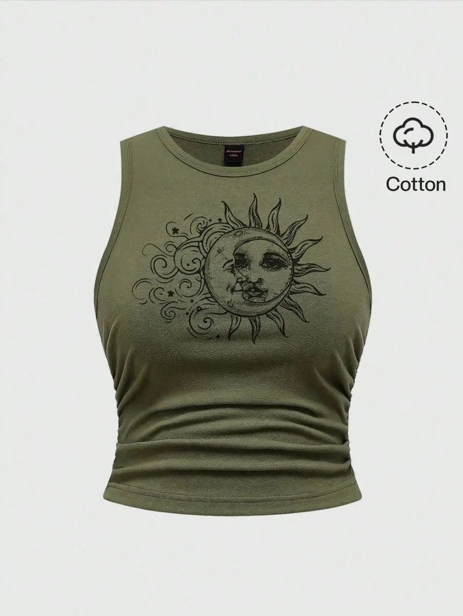 Fairycore Spring/Summer Casual Graphic Plus Size Hippie Sun Cute Vacation Elastic Ruched Green Tank Top Suitable For Going Out,Back To School