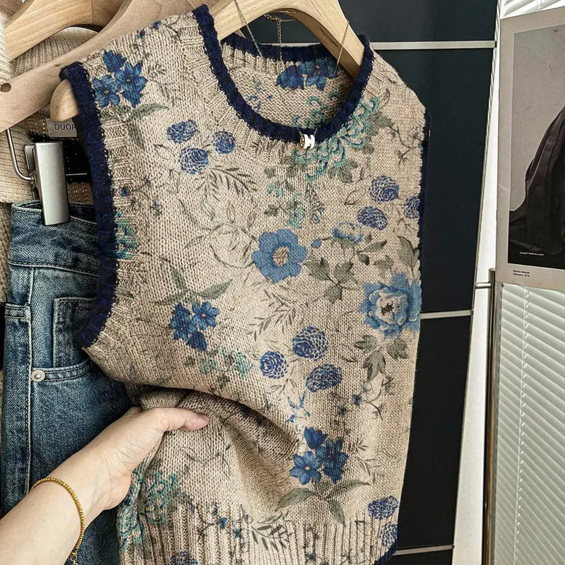 Women's Casual Loose-Fitting Round Neck Knit Top, Casual Comfy Vests, Deep Blue Color Block Print, Fall & Winter Fashion, Outerwear, Casual Knitted Vest
